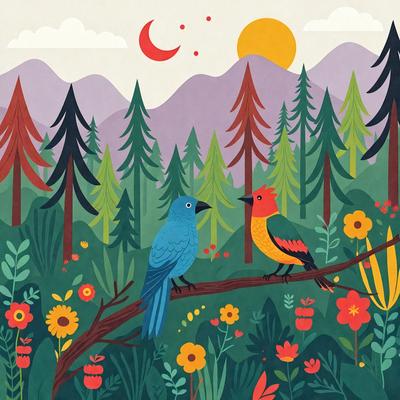 The primary subject of the image is a blue bird perched on a branch in a forest. The setting is a lush green forest with trees and flowers, creating a serene and natural atmosphere. The visual style is a combination of digital art and illustration, giving the image a vibrant and detailed appearance. The dominant colors are green, blue, and yellow, which contribute to the overall mood of the scene.